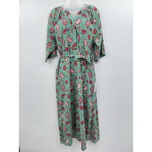 Maisie Tie Waist Midi Dress in Ethnic Floral Sz L Green Pink Boho Beachy Cotton